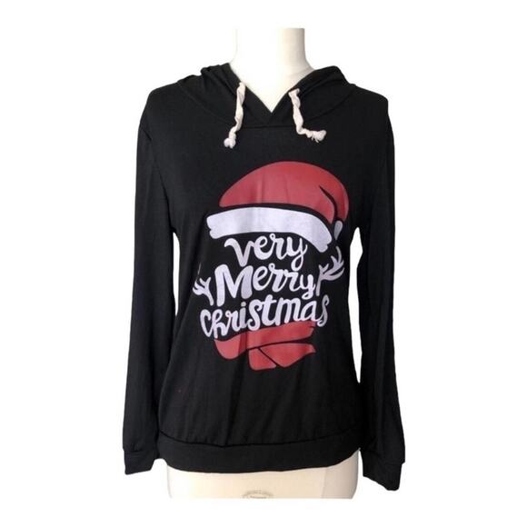 OverMal Holiday “Very Merry Christmas” Hooded Black Long Sleeve Tee, Size XS - Picture 1 of 9